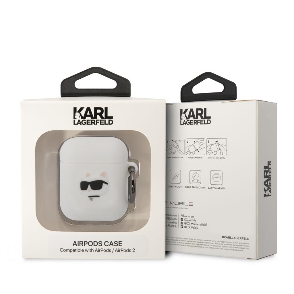 Apple AirPods / AirPods 2 Karl Lagerfeld 3D Logo NFT Choupette Head Silicone tok (Fehér) - KLA2RUNCHH
