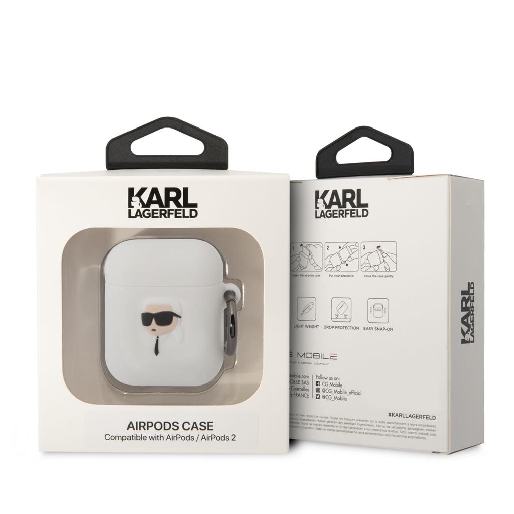 Apple AirPods / AirPods 2 Karl Lagerfeld 3D Logo NFT Karl Head Silicone tok (Fehér) - KLA2RUNIKH