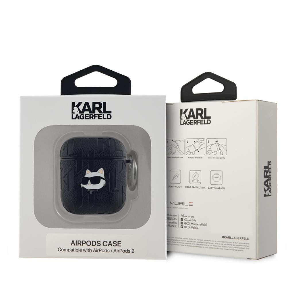 Apple AirPods / AirPods 2 Karl Lagerfeld PU Embossed Choupette Head tok (Fekete) - KLA2PGCHPK
