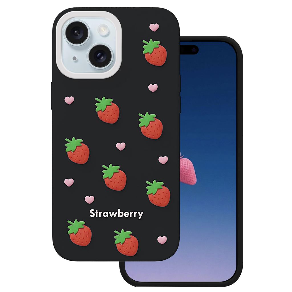 Apple iPhone 13 / iPhone 14 / iPhone 15 Strawberry hátlap tok (Fekete)