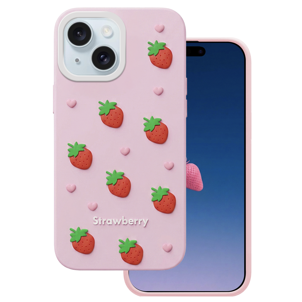 Apple iPhone 13 / iPhone 14 / iPhone 15 Strawberry hátlap tok (Rózsaszín)