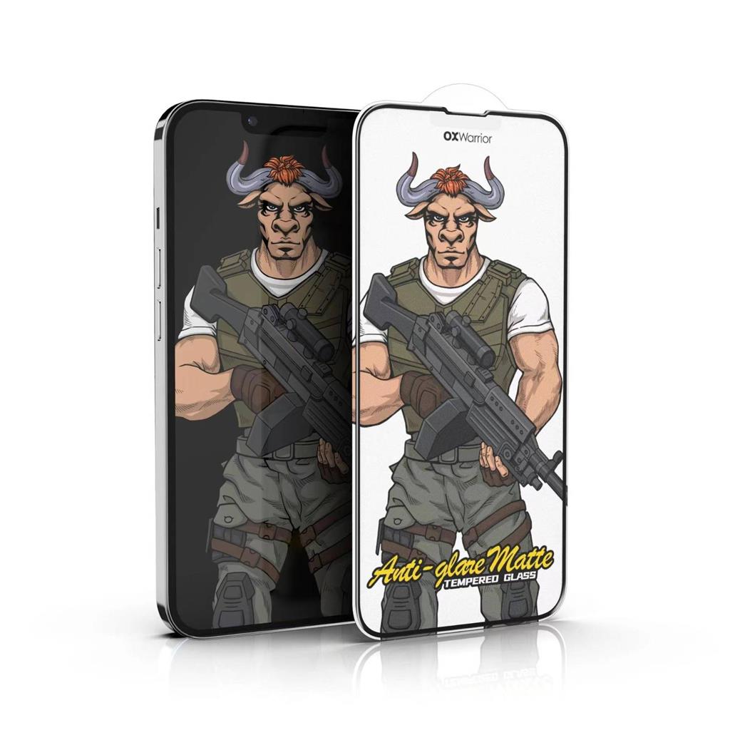 Apple iPhone 13 Pro Max / iPhone 14 Plus OX Warrior Mr. Soldier ujjlenyomat mentes matt üvegfólia átlátszó (fekete keret)