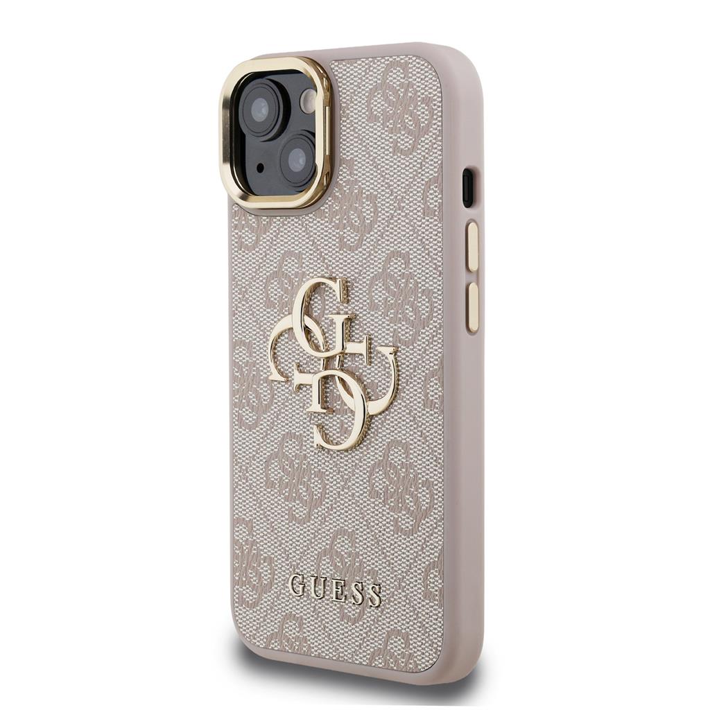Apple iPhone 15 Guess PU 4G Metal Logo Stand Camera Frame tok (Rózsaszín) - GUHCP15SPCS4GP4P