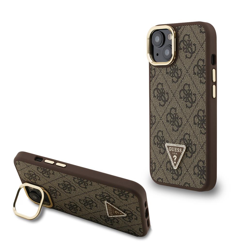 Apple iPhone 15 Guess PU 4G Strass Triangle Logo Stand Camera Frame MagSafe tok (Barna) - GUHMP15SPCS4GPTW