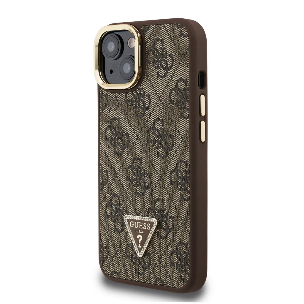 Apple iPhone 15 Guess PU 4G Strass Triangle Logo Stand Camera Frame MagSafe tok (Barna) - GUHMP15SPCS4GPTW