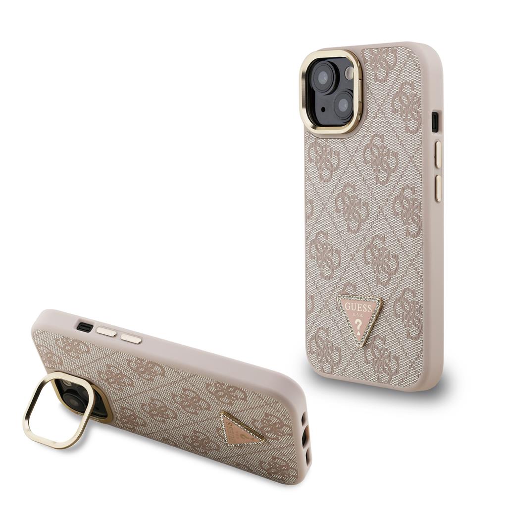 Apple iPhone 15 Guess PU 4G Strass Triangle Logo Stand Camera Frame MagSafe tok (Rózsaszín) - GUHMP15SPCS4GPTP