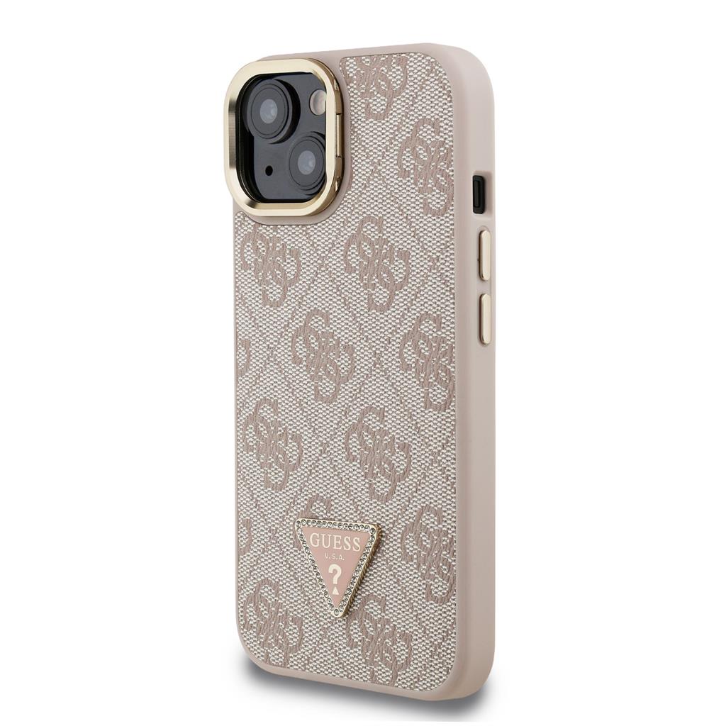 Apple iPhone 15 Guess PU 4G Strass Triangle Logo Stand Camera Frame MagSafe tok (Rózsaszín) - GUHMP15SPCS4GPTP