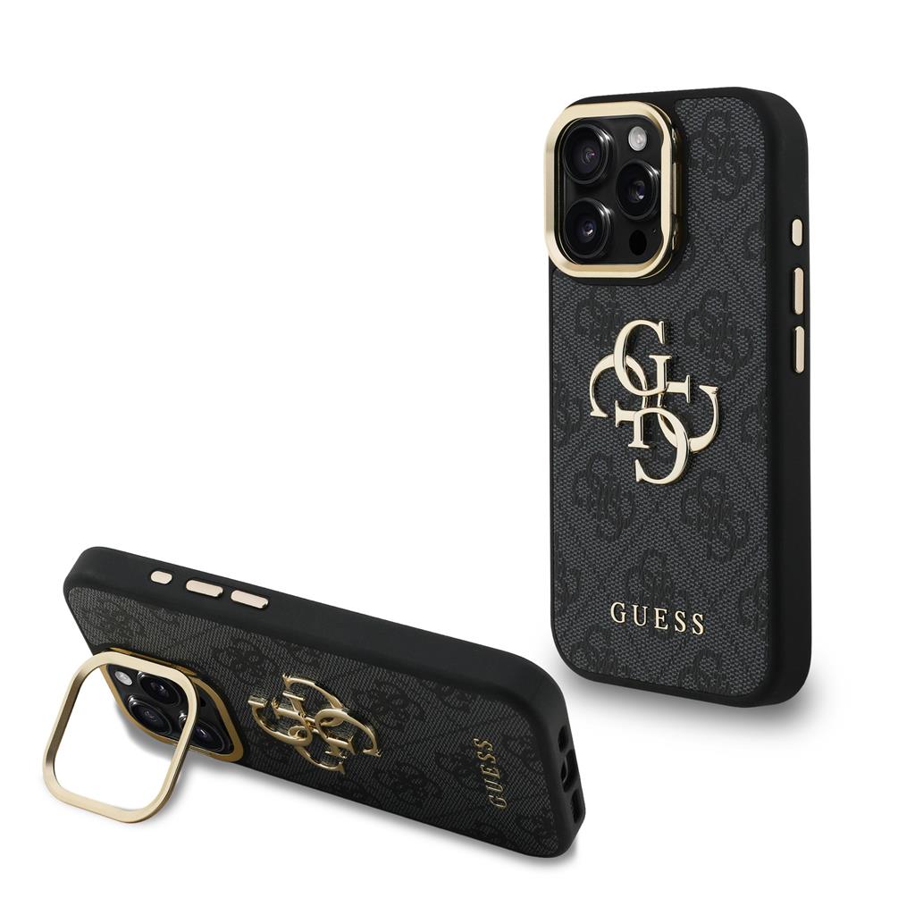 Apple iPhone 15 Pro Guess PU 4G Metal Logo Stand Camera Frame tok (Fekete) - GUHCP15LPCS4GP4K