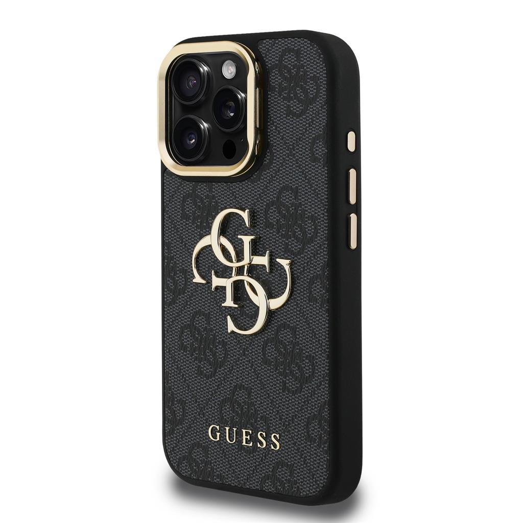 Apple iPhone 15 Pro Guess PU 4G Metal Logo Stand Camera Frame tok (Fekete) - GUHCP15LPCS4GP4K
