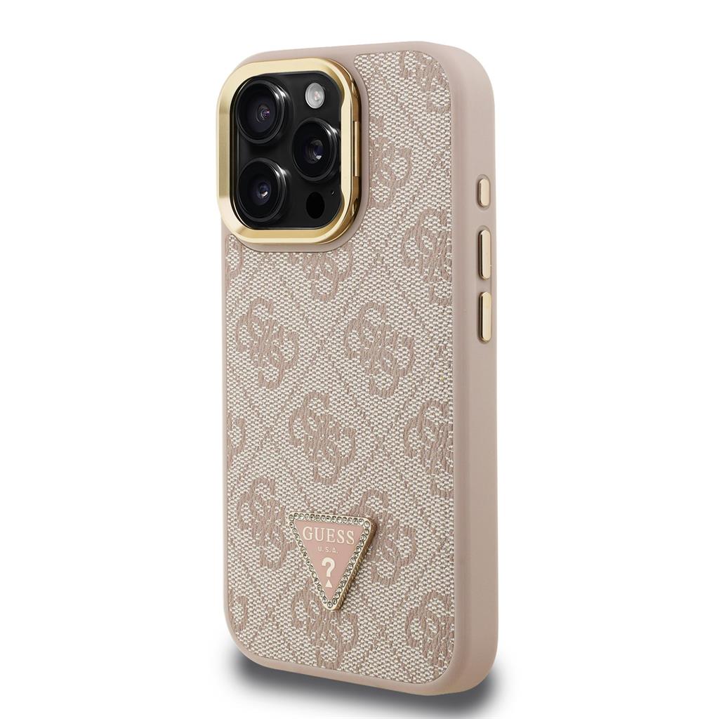 Apple iPhone 15 Pro Guess PU 4G Strass Triangle Logo Stand Camera Frame MagSafe tok (Rózsaszín) - GUHMP15LPCS4GPTP