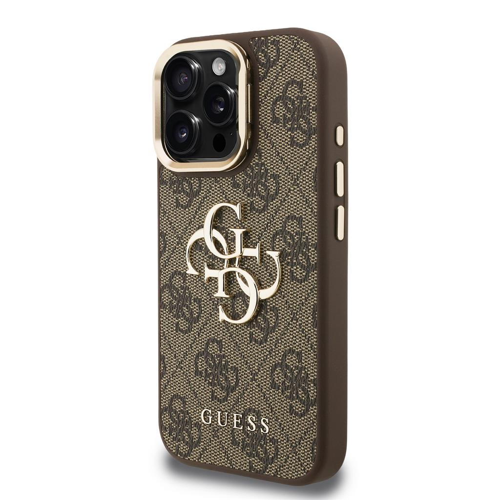 Apple iPhone 15 Pro Max Guess PU 4G Metal Logo Stand Camera Frame tok (Barna) - GUHCP15XPCS4GP4W