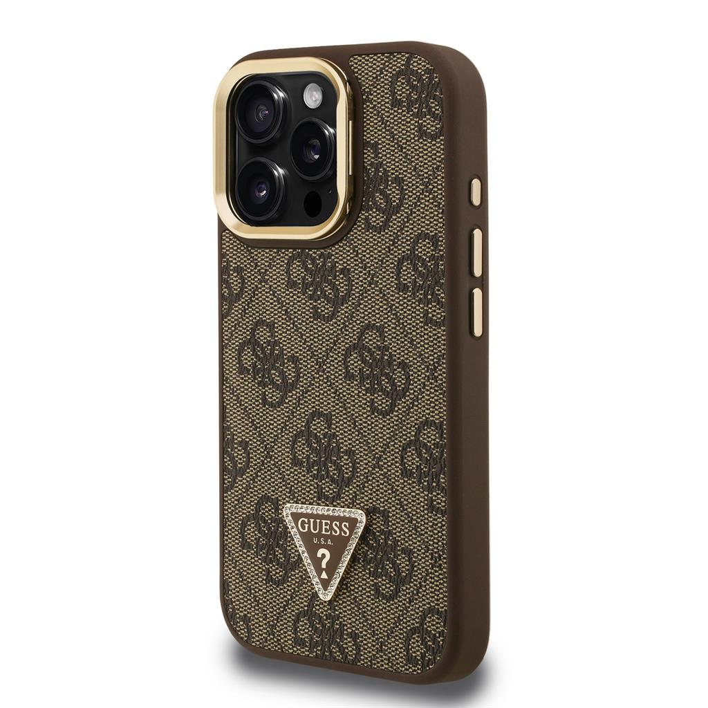 Apple iPhone 15 Pro Max Guess PU 4G Strass Triangle Logo Stand Camera Frame MagSafe tok (Barna) - GUHMP15XPCS4GPTW