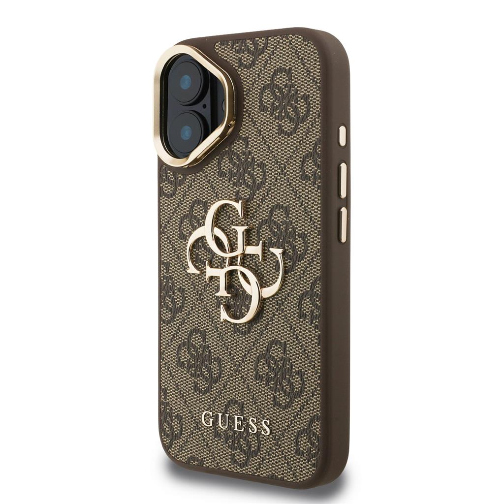 Apple iPhone 16 Guess PU 4G Metal Logo Stand Camera Frame tok (Barna) - GUHCP16SPCS4GP4W