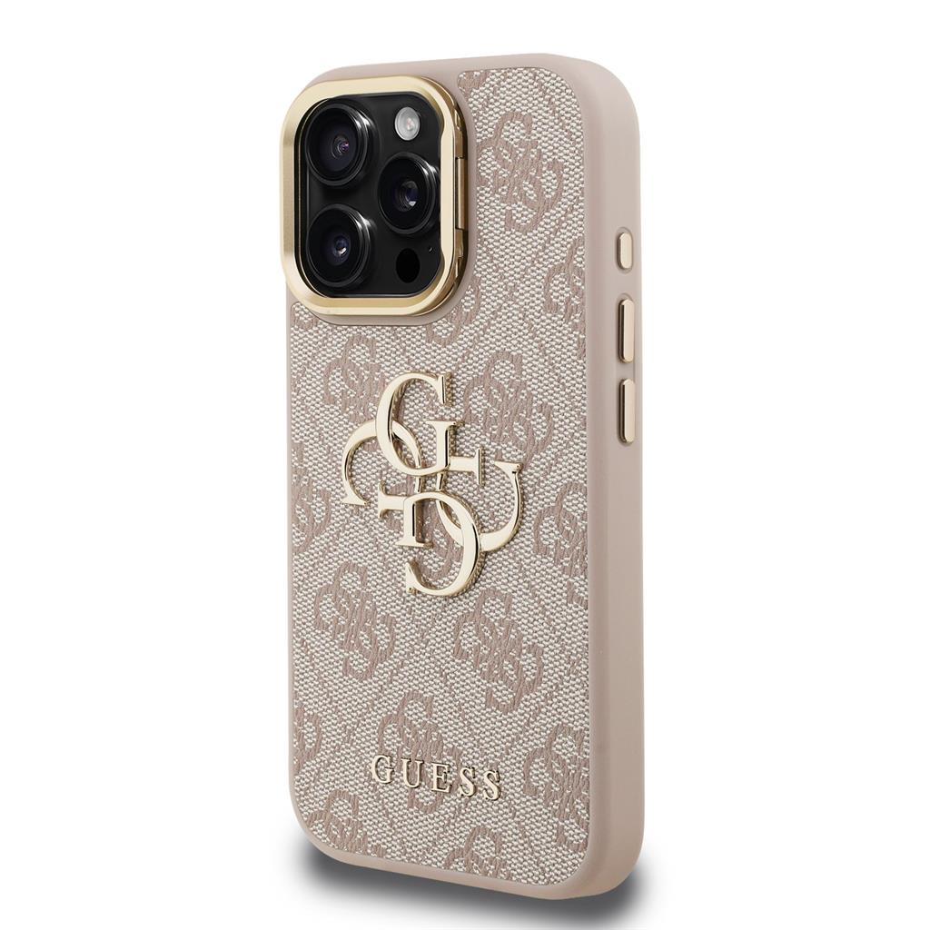 Apple iPhone 16 Pro Guess PU 4G Metal Logo Stand Camera Frame tok (Rózsaszín) - GUHCP16LPCS4GP4P