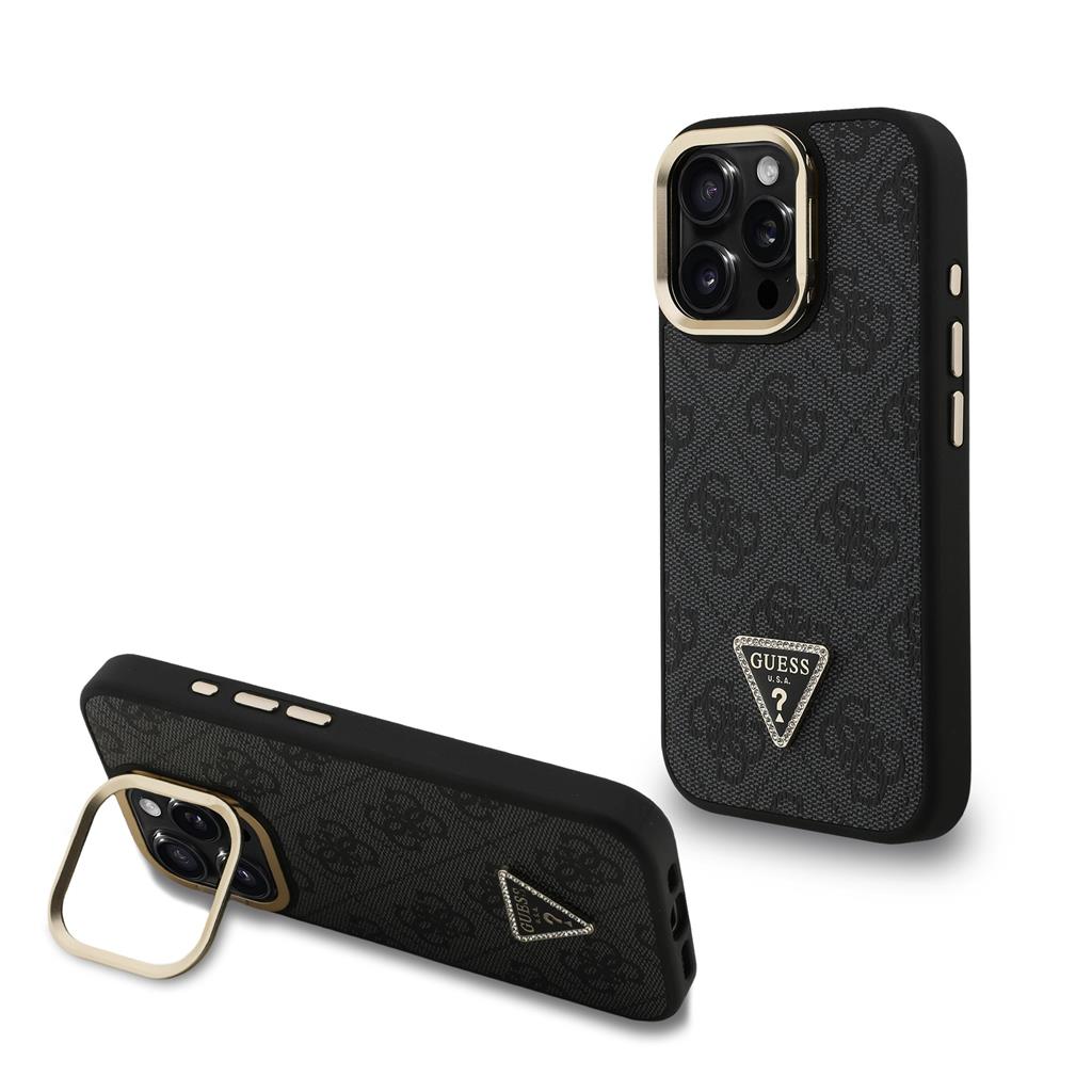 Apple iPhone 16 Pro Guess PU 4G Strass Triangle Logo Stand Camera Frame MagSafe tok (Fekete) - GUHMP16LPCS4GPTK
