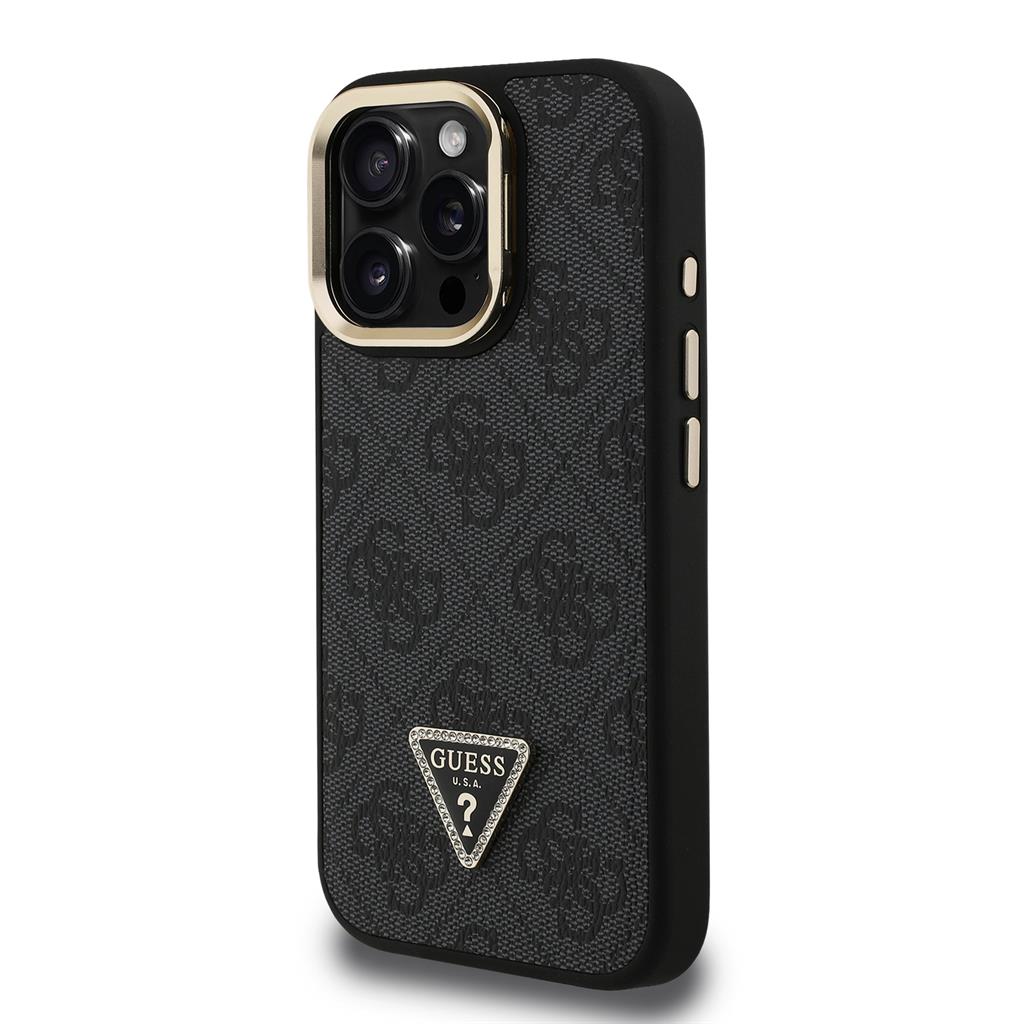 Apple iPhone 16 Pro Max Guess PU 4G Strass Triangle Logo Stand Camera Frame MagSafe tok (Fekete) - GUHMP16XPCS4GPTK