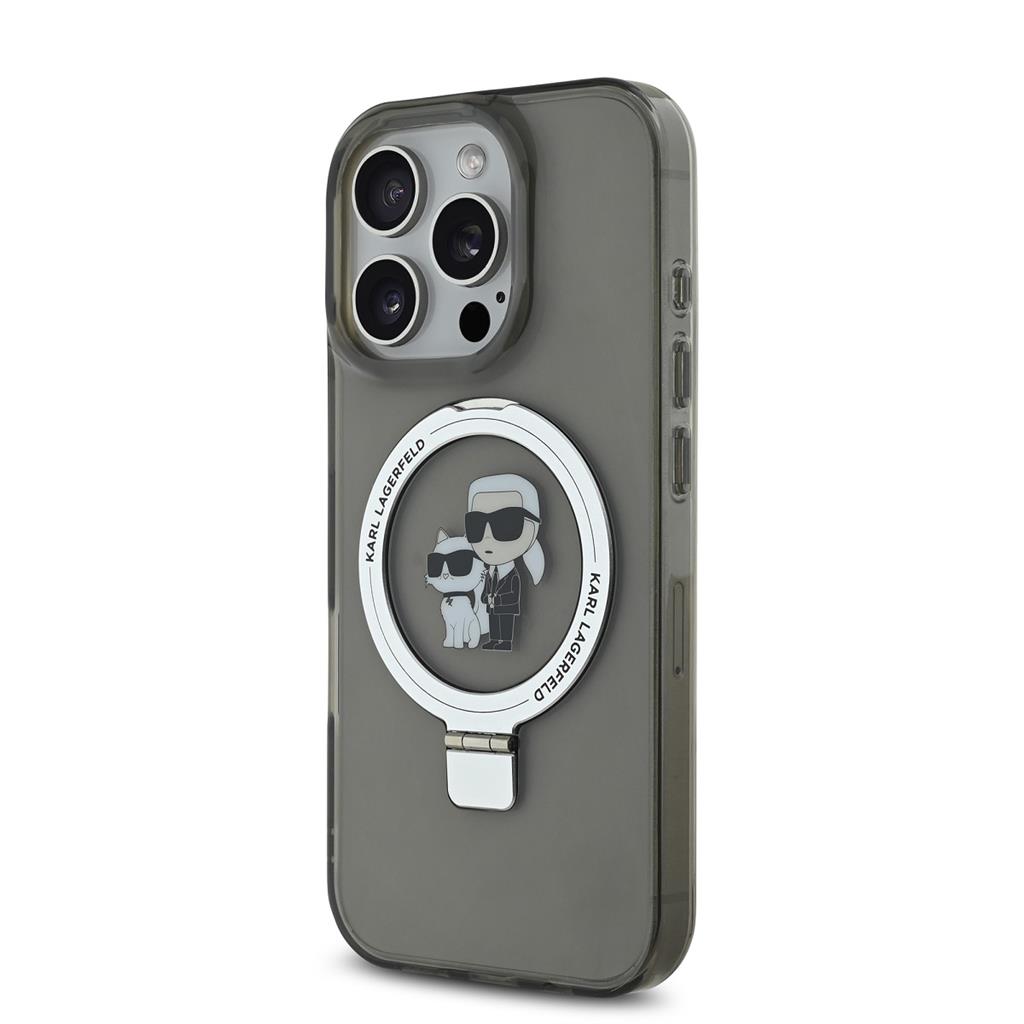 Apple iPhone 16 Pro Max Karl Lagerfeld Ringstand Karl and Choupette MagSafe tok (Fekete) - KLHMP16XHMRSKCK