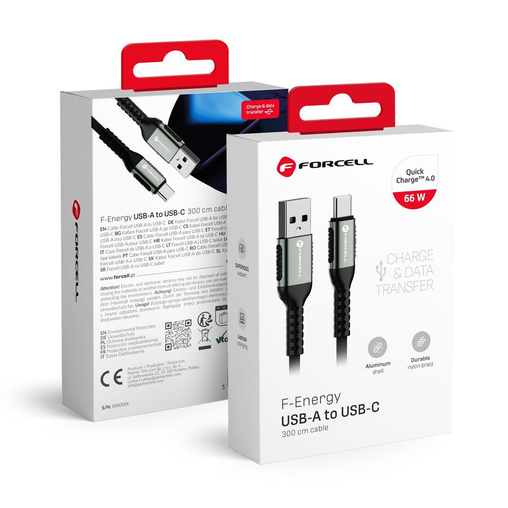 Forcell F-ENERGY C256 USB-A / USB-C kábel QC4.0 3A 66W Cafule (Fekete) - 3m