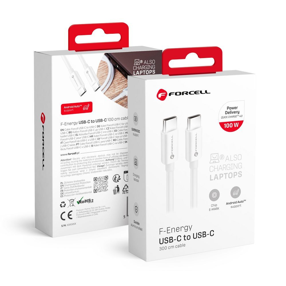 Forcell F-ENERGY C339 USB-C / USB-C kábel PD QC4.0 5A 100W (Fehér) - 3m