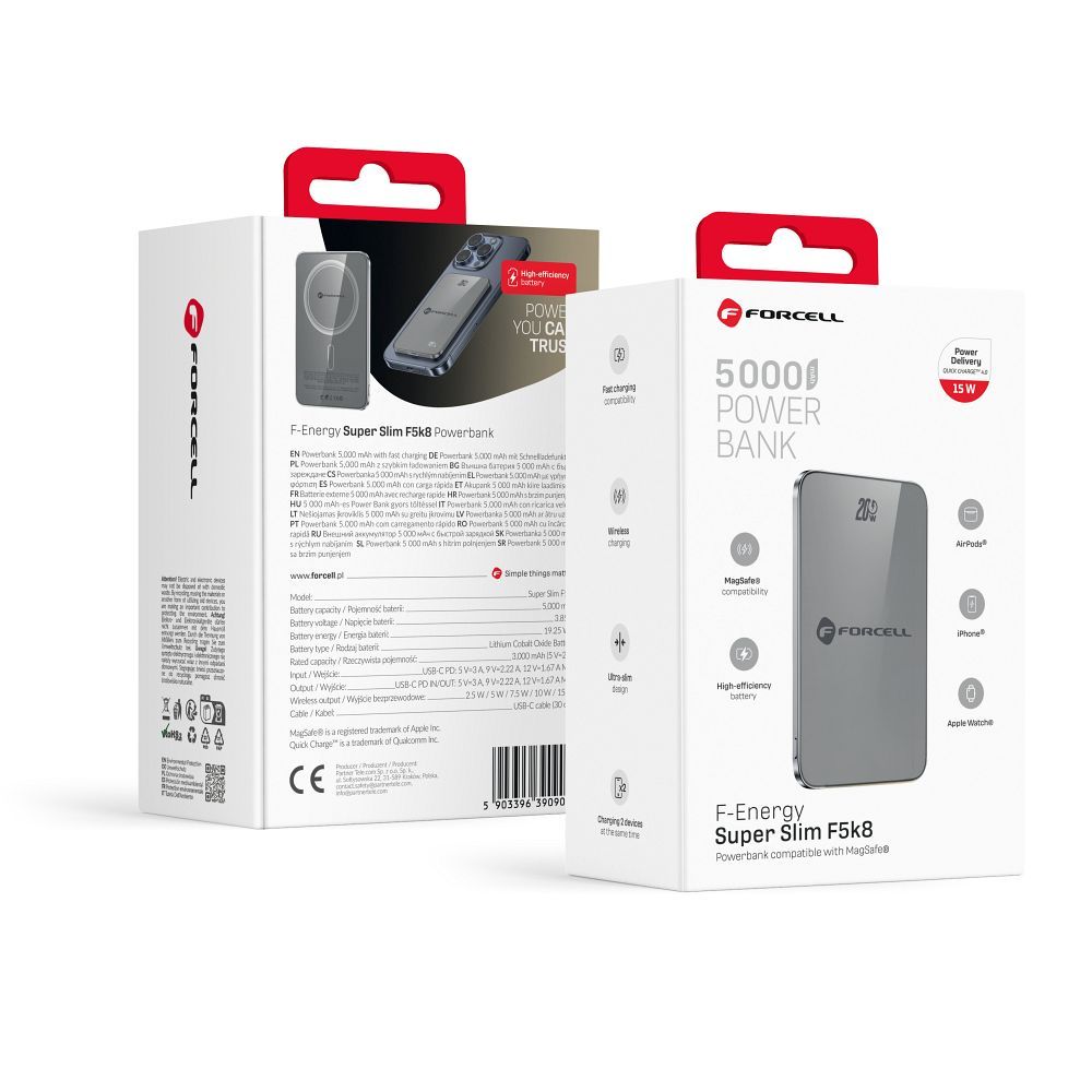 Forcell F-Energy SuperSlim F5K8 MagSafe power bank 15W 5000 mAh (Fekete)
