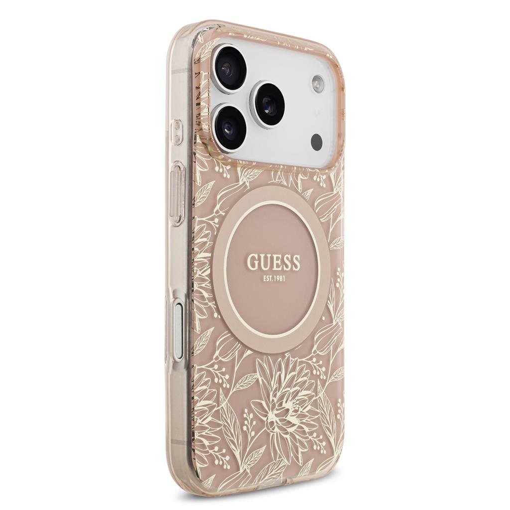 Guess IML Flowers Allover Strap MagSafe iPhone 17 Pro (Rózsaszín)