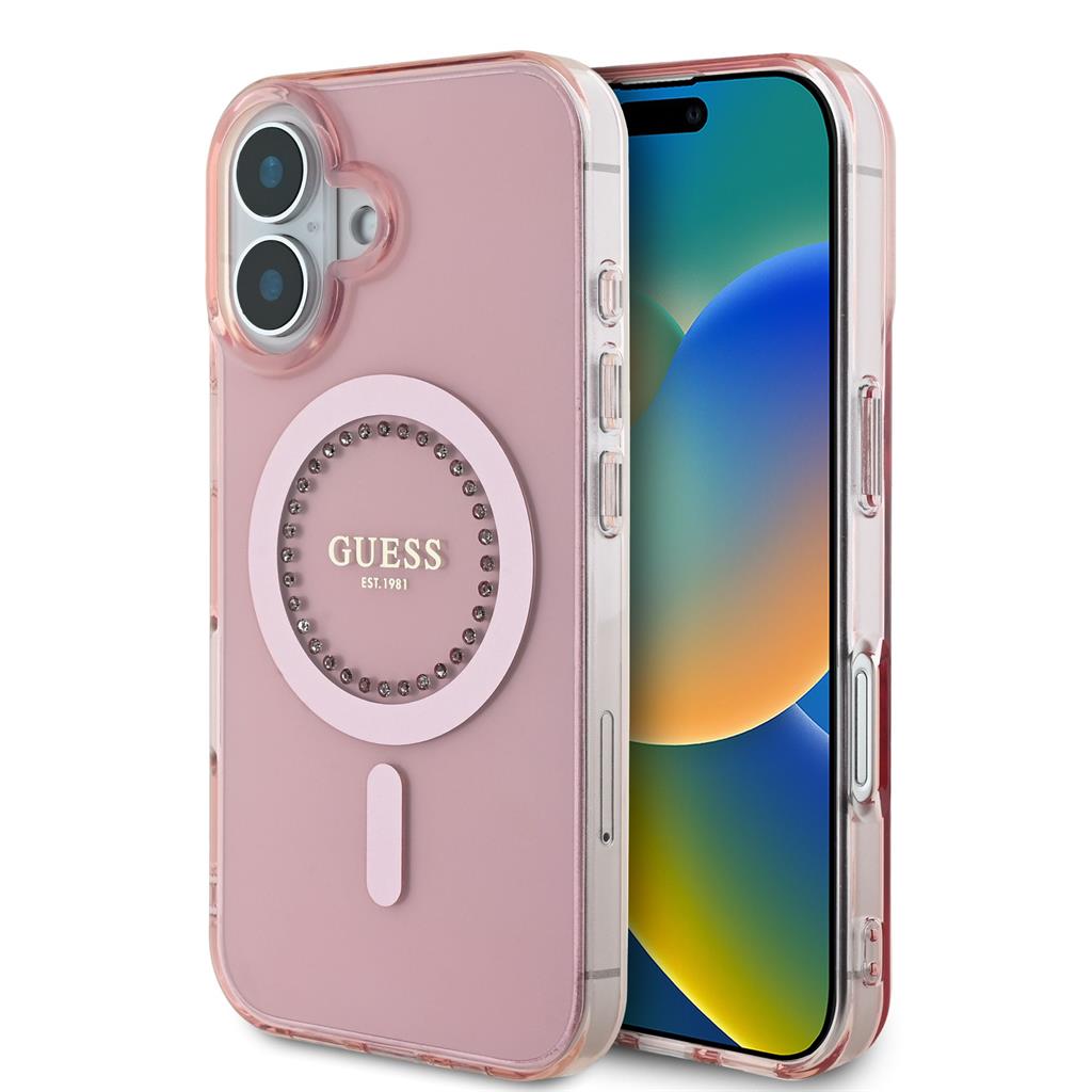 Guess IML Rhinestones Ring MagSafe iPhone 16 hátlap tok (Rózsaszín) - GUHMP16SPFTDTEP