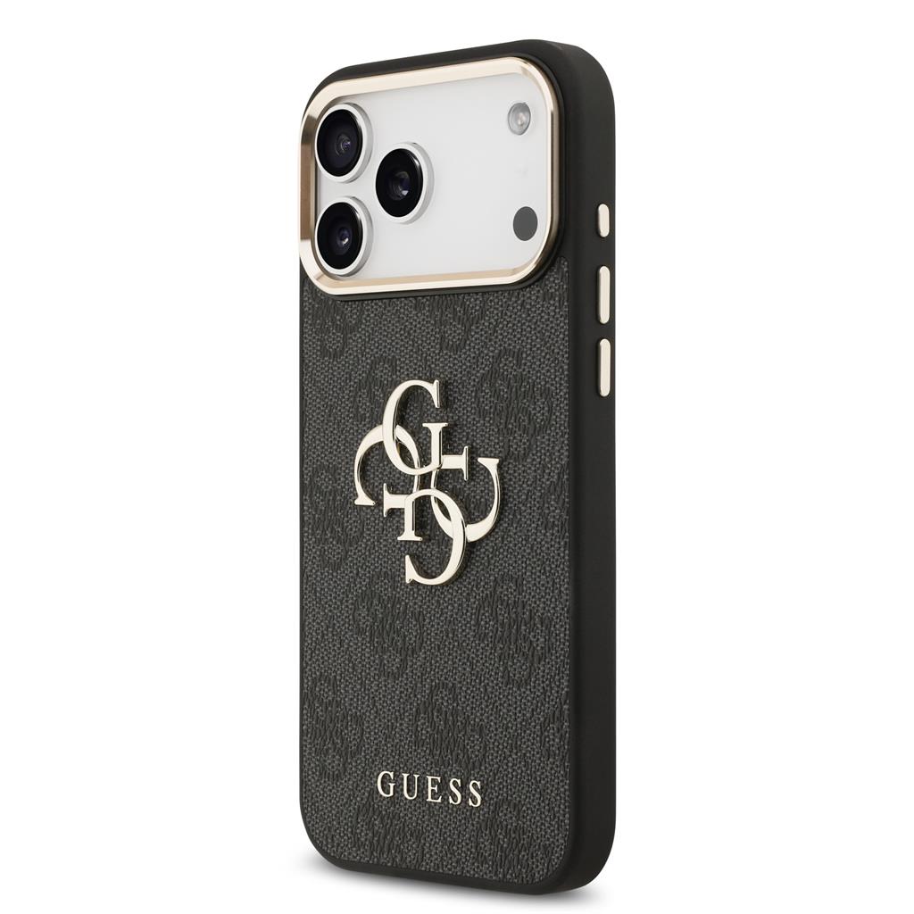 Guess PU Leather 4G Metal Logo Gold Frame iPhone 17 Pro Max (Fekete)
