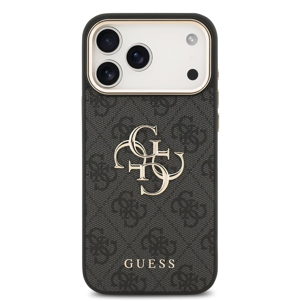 Guess PU Leather 4G Metal Logo Gold Frame iPhone 17 Pro Max (Fekete)