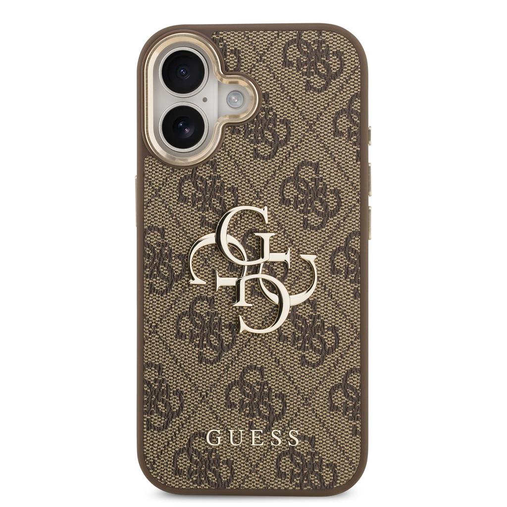 Guess PU Leather 4G Metal Logo Gold Frame tok iPhone 17 (Barna)