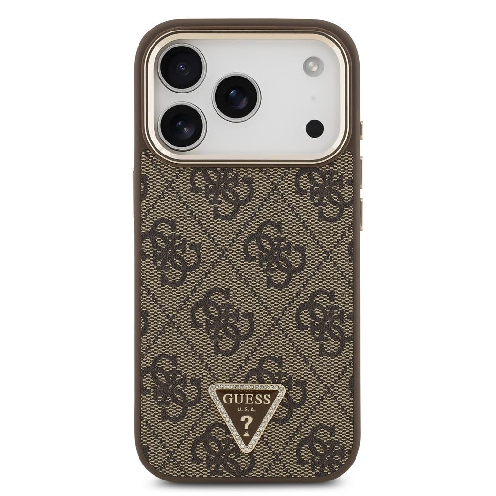 Guess PU Leather 4G Strass Triangle Logo Gold Frame MagSafe tok iPhone 17 Pro (Barna) - GUHMP17LP4GTDGMW