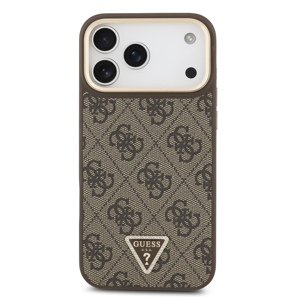 Guess PU Leather 4G Strass Triangle Logo Gold Frame MagSafe tok iPhone 17 Pro Max (Barna)