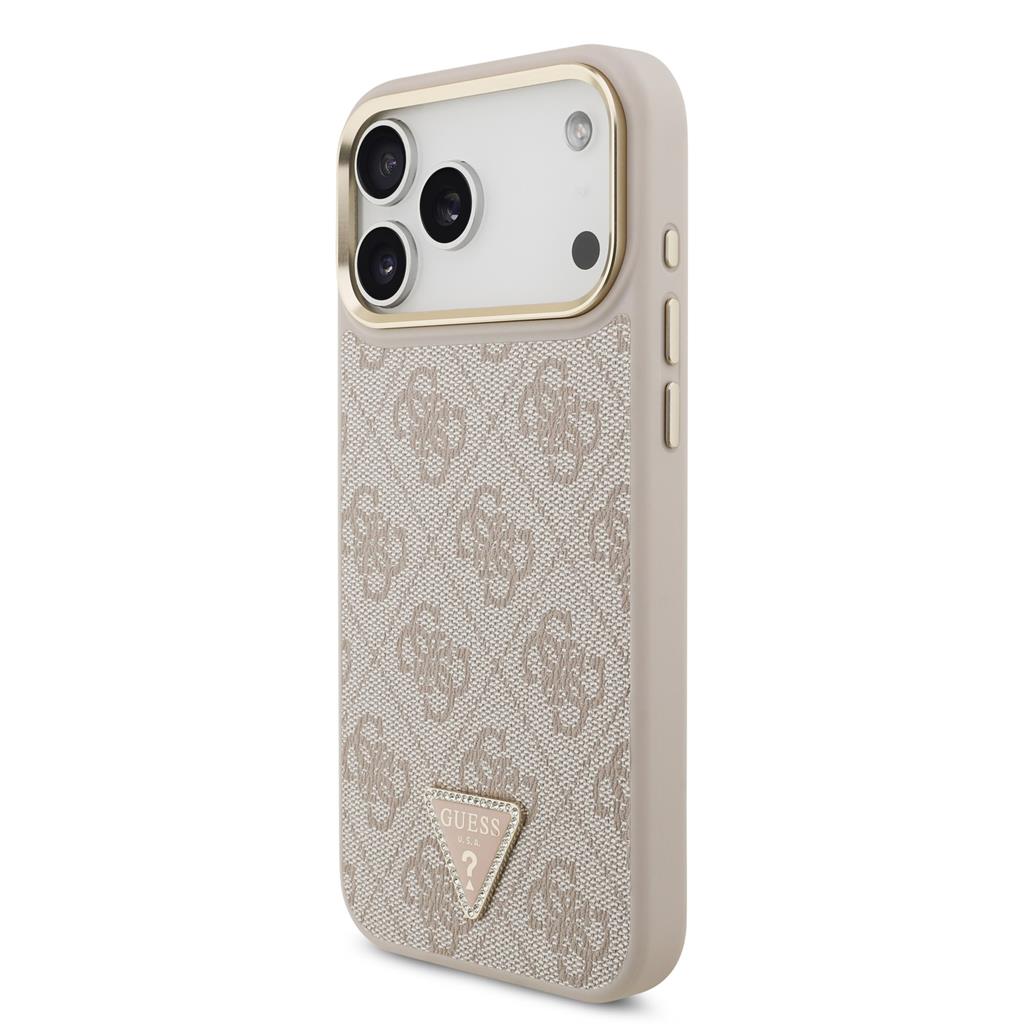 Guess PU Leather 4G Strass Triangle Logo Gold Frame MagSafe tok iPhone 17 Pro Max (Rózsaszín)