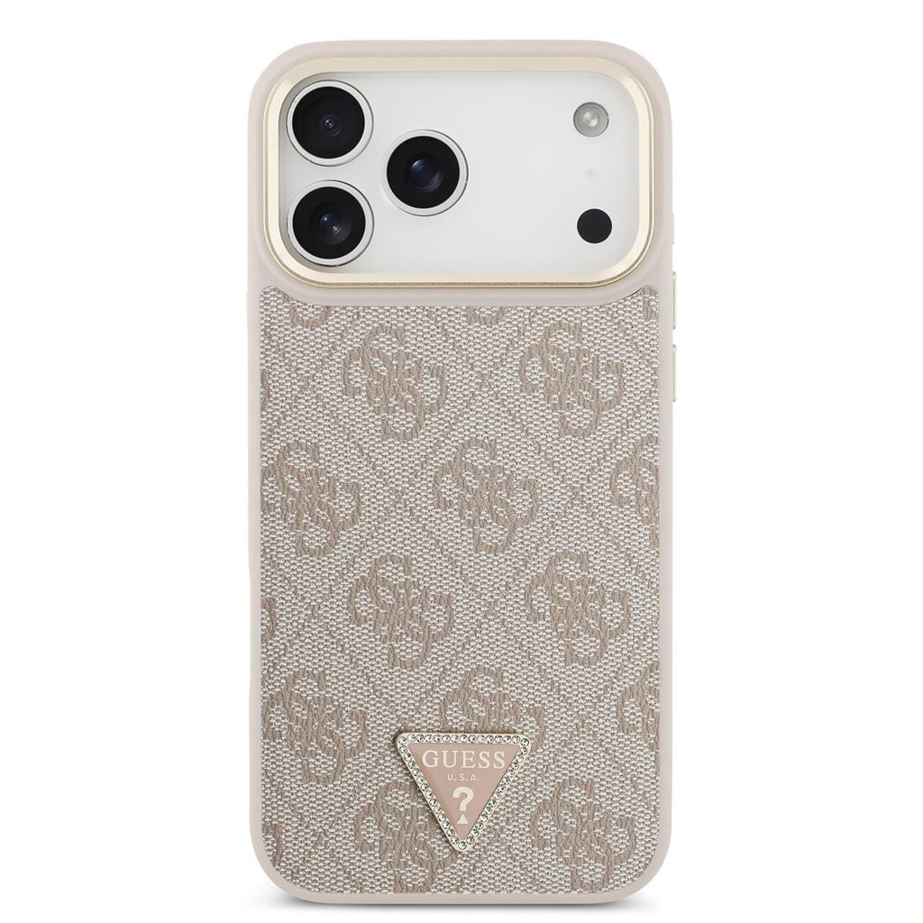 Guess PU Leather 4G Strass Triangle Logo Gold Frame MagSafe tok iPhone 17 Pro Max (Rózsaszín)