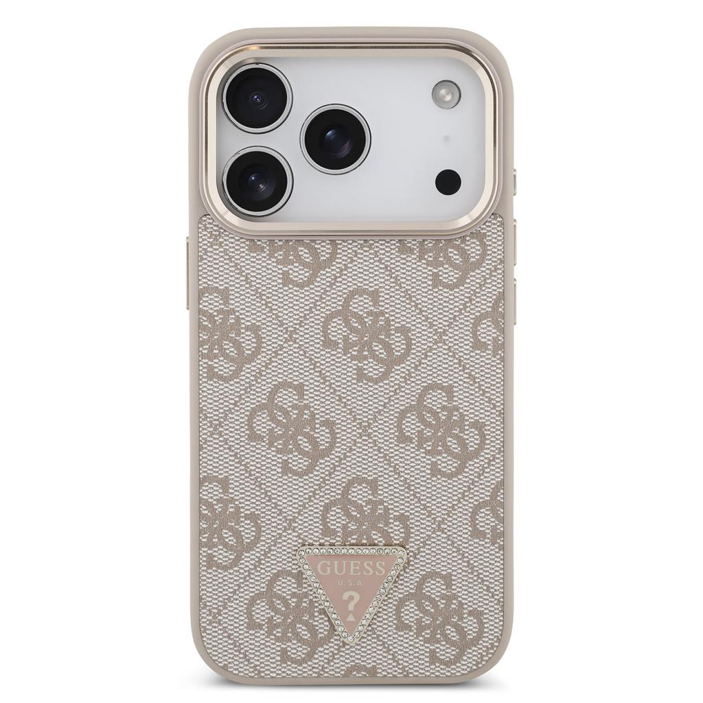 Guess PU Leather 4G Strass Triangle Logo Gold Frame MagSafe tok iPhone 17 Pro (Rózsaszín) - GUHMP17LP4GTDGMP