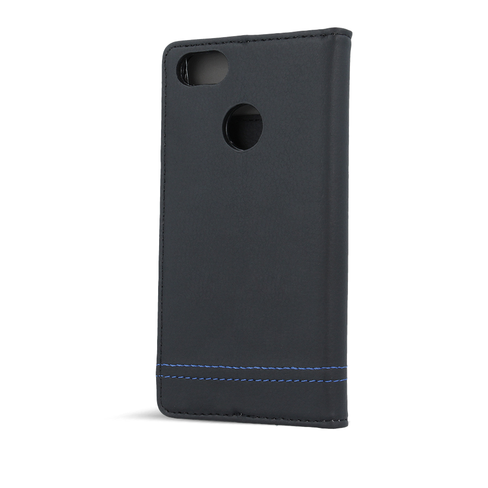 Huawei P10 Lite smart focus mágneses notesz tok, fekete - kék fonallal
