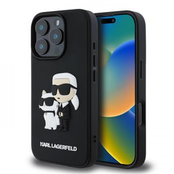 Karl Lagerfeld 3D Rubber Karl and Choupette pro iPhone 16 hátlap tok (Fekete) - KLHCP16L3DRKCNK