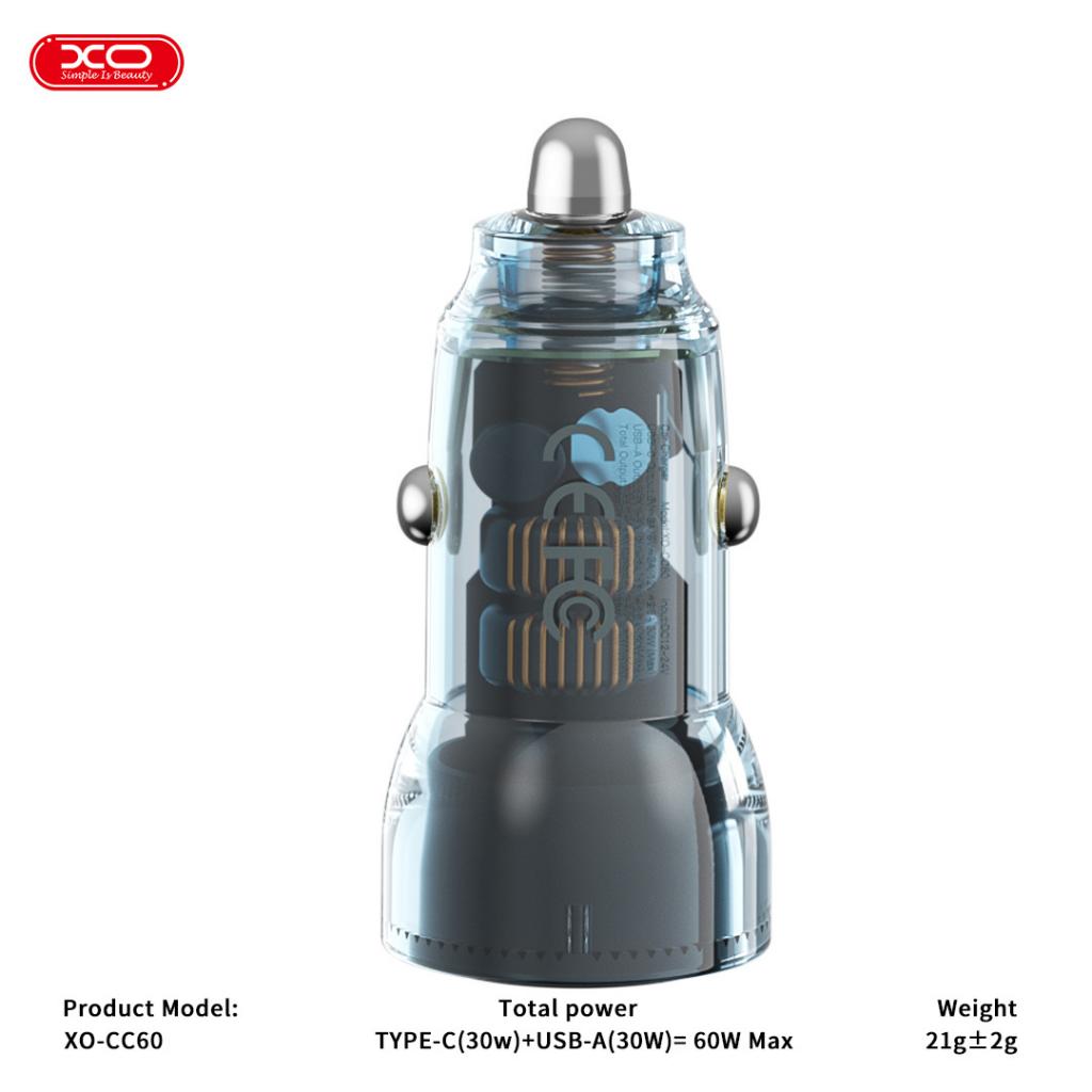 XO CC60 autós töltő 60W 1×USB + 1×USB-C (Kék)