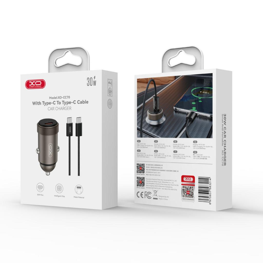 XO CC70 autós töltő PD 30W 1×USB-C + USB-C – USB-C kábel (Fekete)