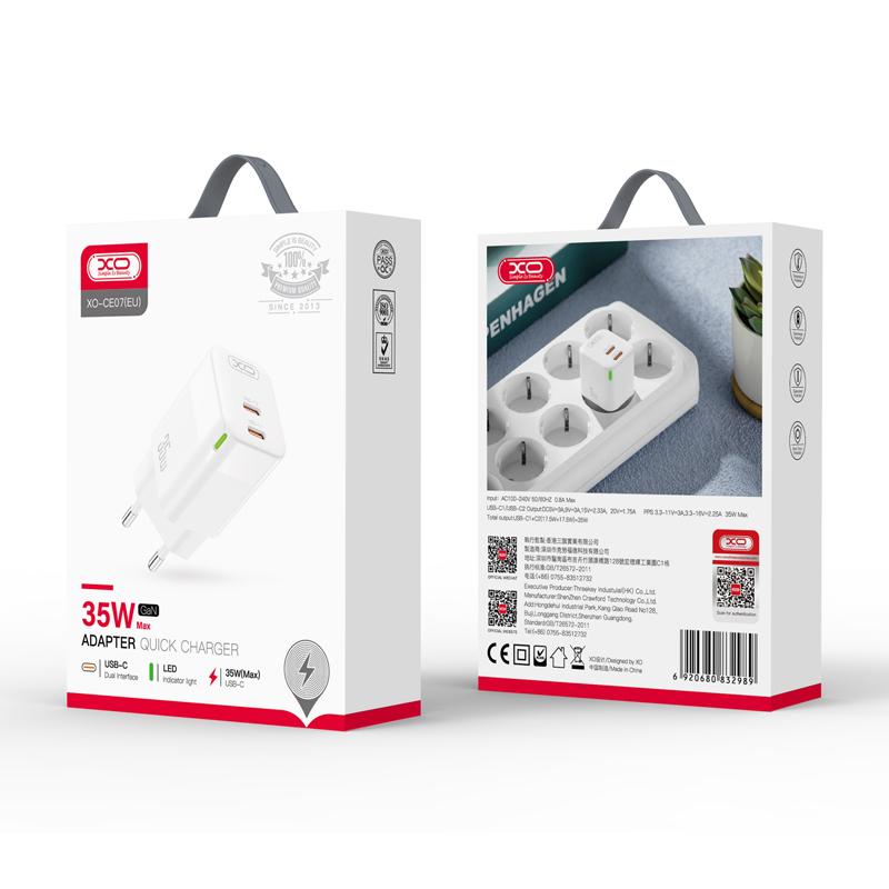 XO CE07 PD max. 35W gyorstöltő (Fehér) – GaN technológia, 2× USB-C, LED kijelzős