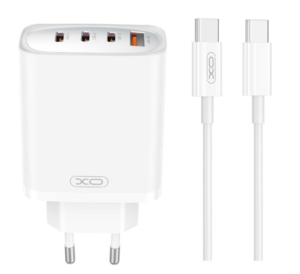 XO CE23 GaN fali töltő 65W 3x USB-C + 1x USB-A + Type-C kábel (Fehér)