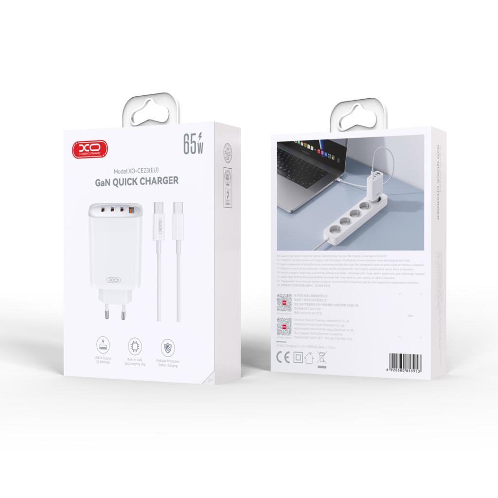 XO CE23 GaN fali töltő 65W 3x USB-C + 1x USB-A + Type-C kábel (Fehér)