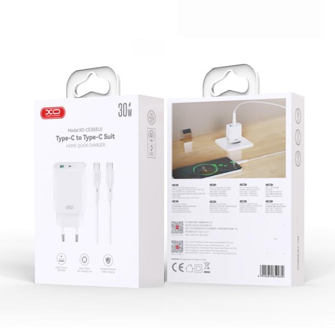XO CE30 fali töltő 30W 1x USB-A + 1x USB-C (Fehér)