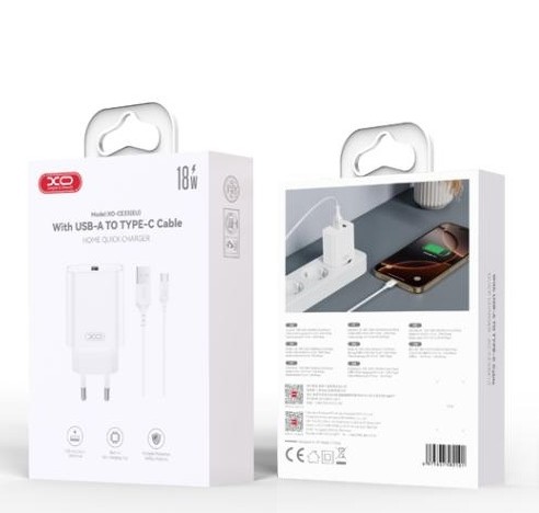 XO CE33(EU) hálózati gyorstöltő + Type-C kábel (Fehér) - 18W, QC3.0, NB103 szett