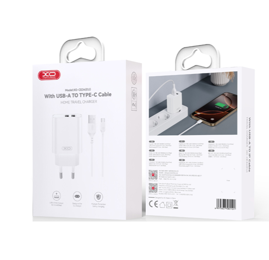 XO CE34(EU) hálózati töltő + Type-C kábel (Fehér) - 2.4A, Dual USB-A, NB103 szett