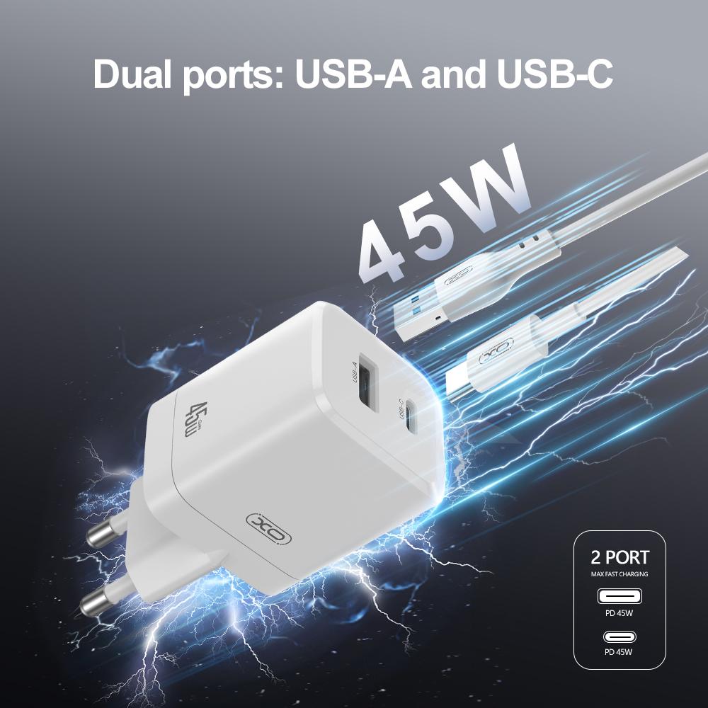 XO CE36 GaN fali töltő 45W 1x USB-C + 1x USB-A + Type-C kábel (Fehér)