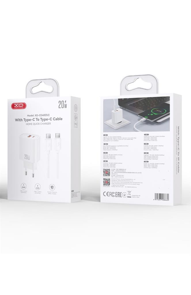 XO CE40(EU) hálózati gyorstöltő + Type-C kábel (Fehér) - 20W, 1xUSB-A + 1xUSB-C, NB299 szett