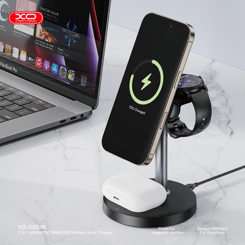 XO CX038 3-in-1 asztali vezeték nélküli töltő (Fekete) - 15W