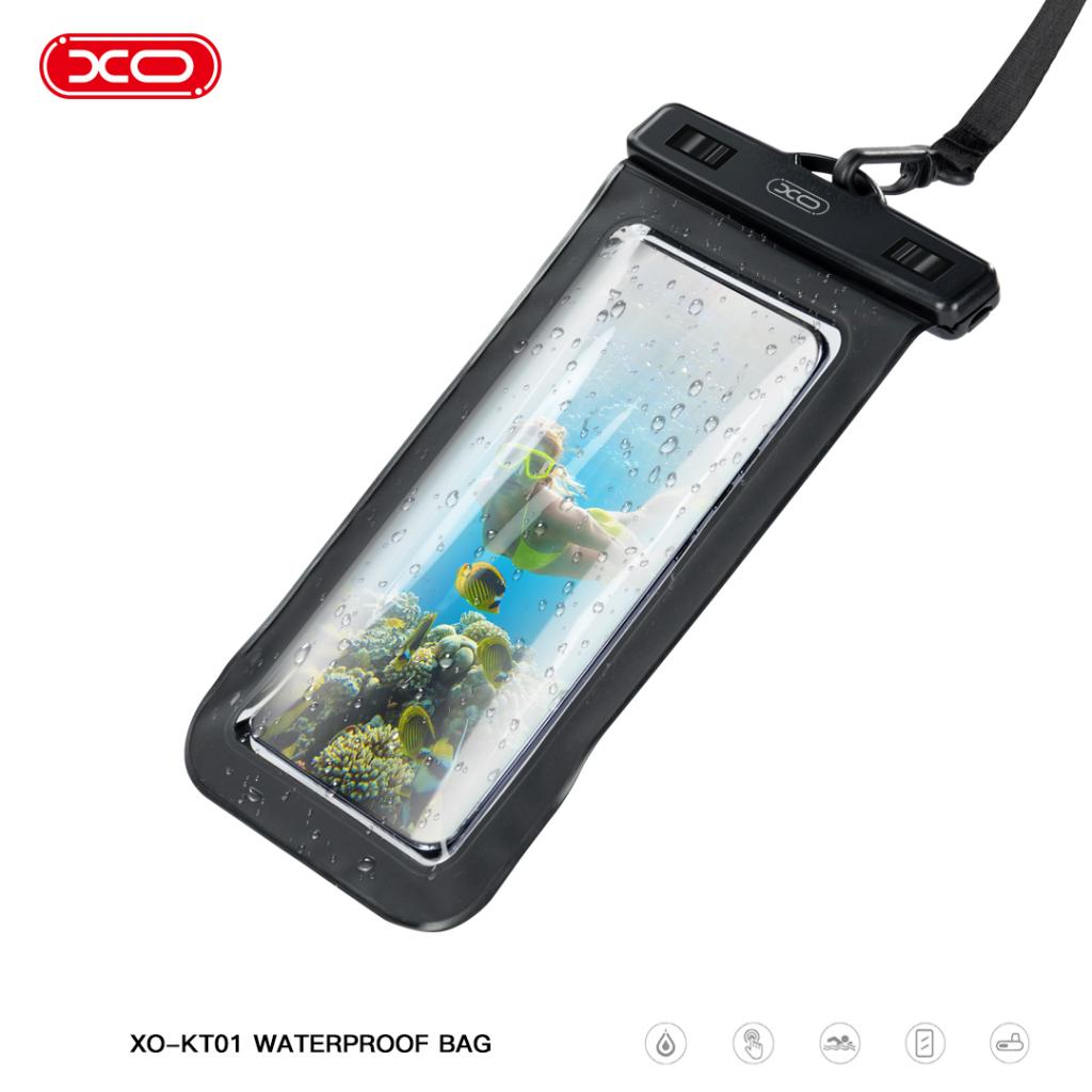 XO KT01 PVC vízálló telefontok nyitható ablakkal és nyakpánttal (Fekete) back