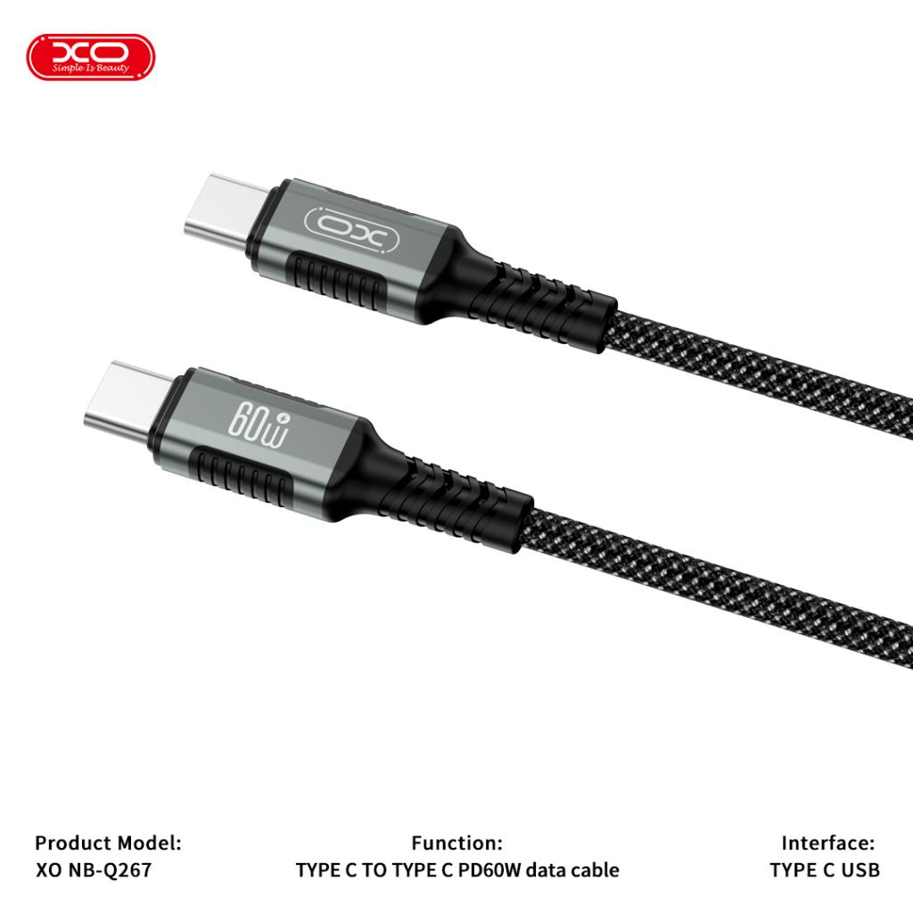 XO NB-Q267 mágneses USB-C–USB-C adatkábel (Fekete) – 1 m, fonott kivitel, 60W