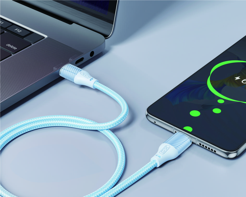 XO NB-Q291B Type-C-Type-C adatkábel (Kék) - 60W, szőtt bevonat, átlátszó ház